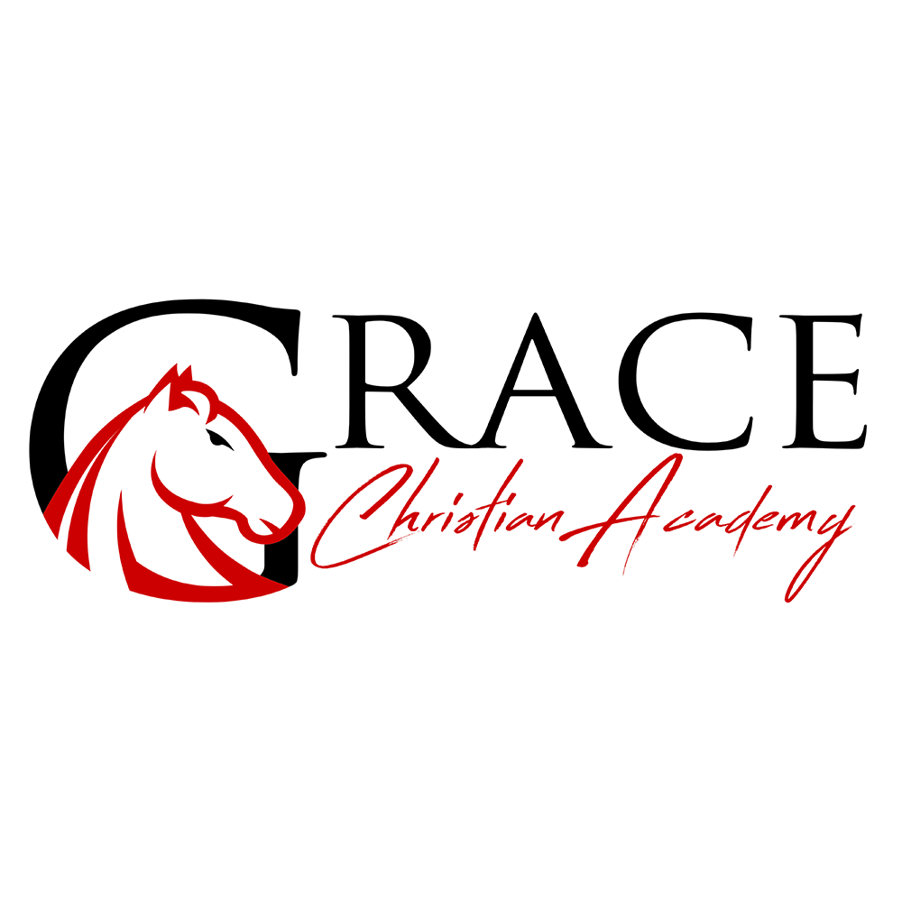 The logo for Grace Christian Academy features a stylized black and red horse head icon next to the word 'GRACE' in black serif letters, with 'Christian Academy' written in red cursive script below.